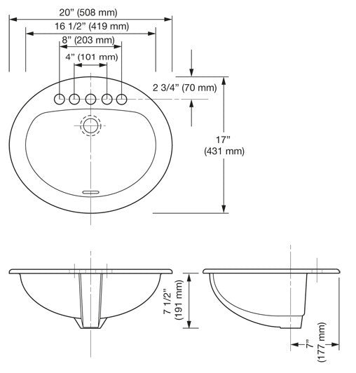 Oval - Vitreous China Lavatory - 4" Centers Drop-In