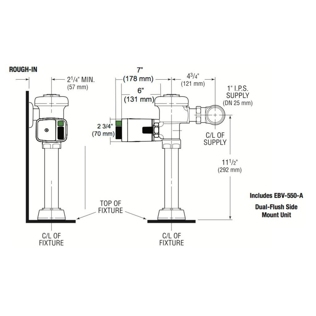 Royal Dual Flush Side Mount Flushometer 1.1 or 1.6 GPF for Closet