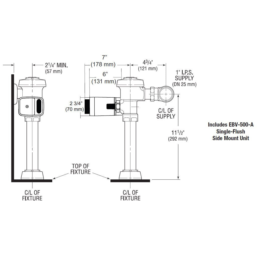 Royal Single Flush Side Mount Flushometer 1.6 GPF for Closet
