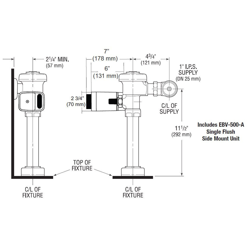 Sloan Single Flush Side Mount Flushometer 1.28 GPF for Closet