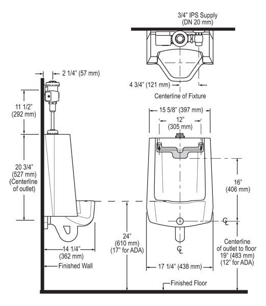 Urinal w/ Royal Side Mount Operator - 0.25 GPF