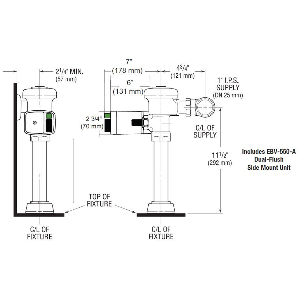 Sloan Dual Flush Side Mount Flushometer 1.1 or 1.6 GPF for Closet
